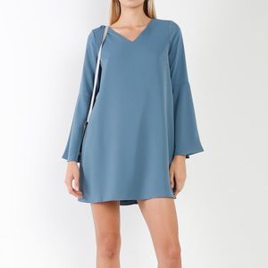 Slate Blue V-Neck Trumpet Sleeve Detail Flowing Relaxed Mini Dress